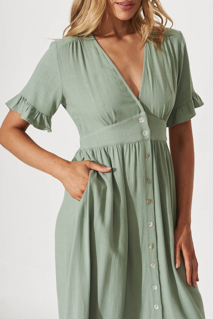 Aire Midi Dress In Sage Green Linen - detail