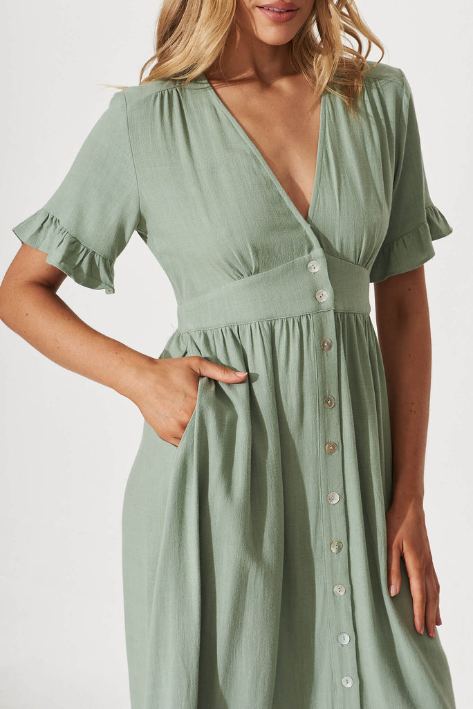 Aire Midi Dress In Sage Green Linen - detail