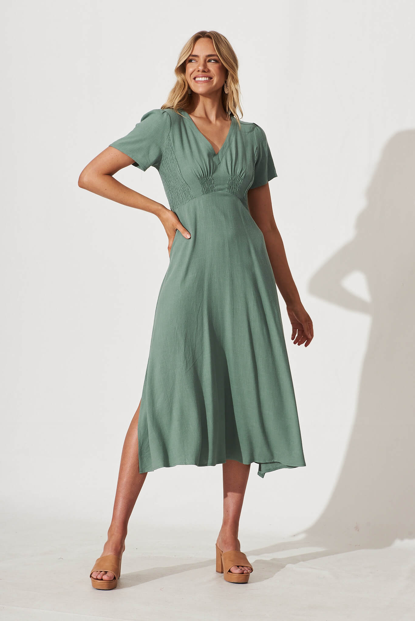 Morgan Midi Dress In Sage Green Linen - full length