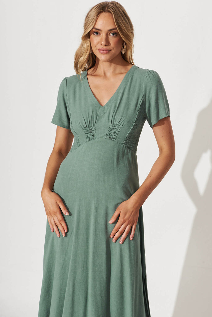 Morgan Midi Dress In Sage Green Linen - front