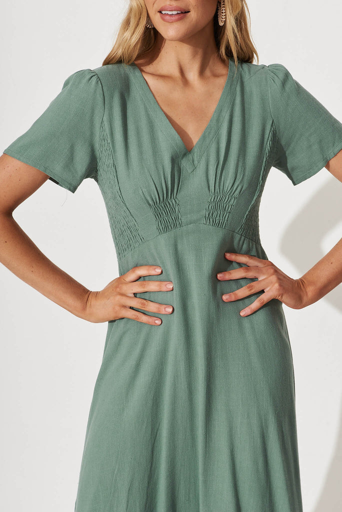 Morgan Midi Dress In Sage Green Linen - detail