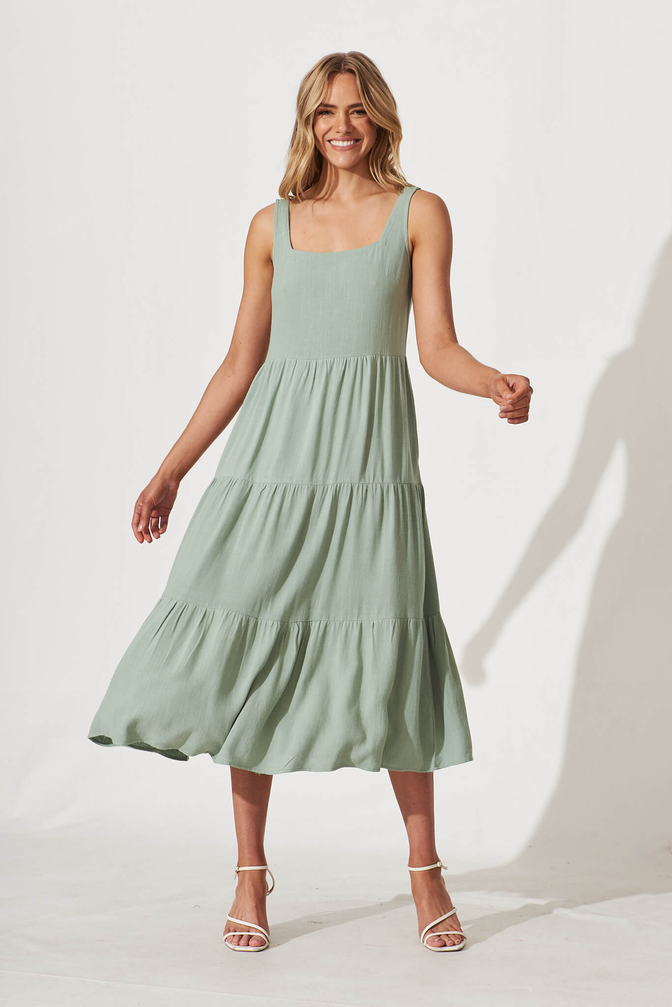 Estee Midi Dress In Sage Green Linen - full length