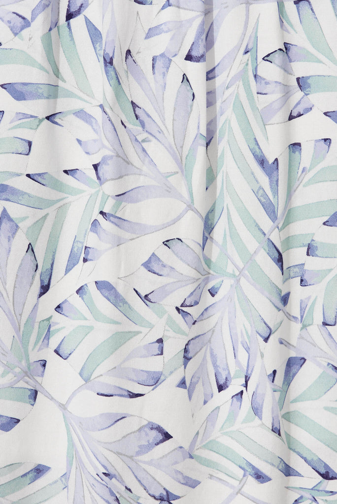 Caribbean Midi Dress In White With Blue Green Leaf Print - fabric