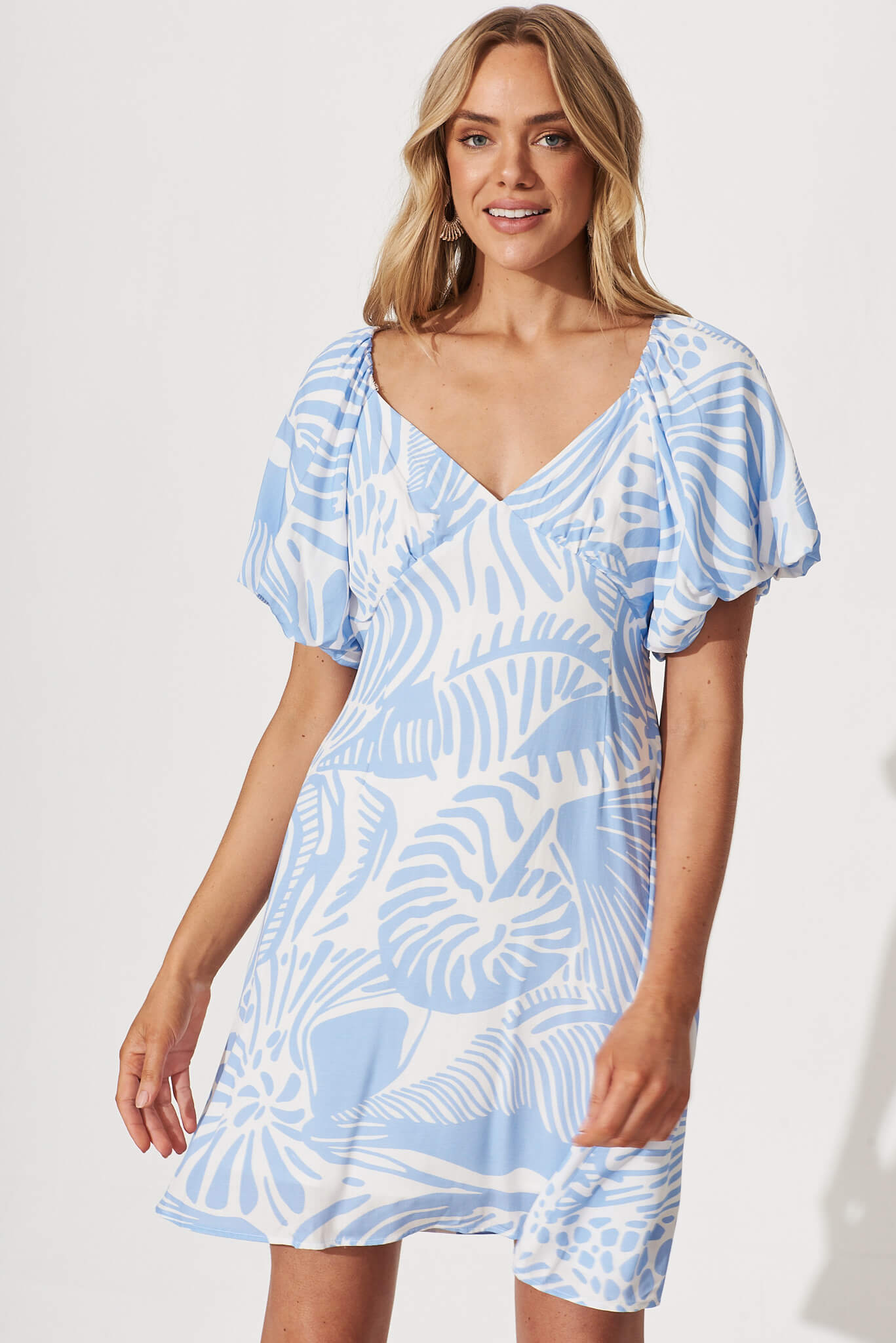 Whiteheaven Midi Dress In White With Blue Print Linen Blend - front