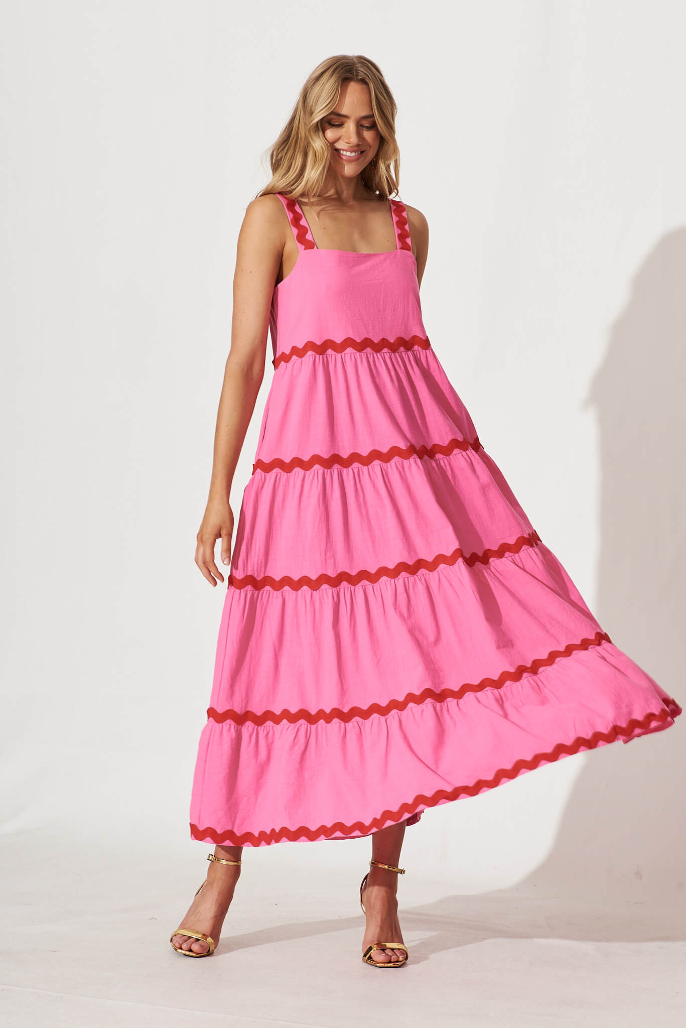Chantal Maxi Dress In Pink With Red Ric Rac Trim Cotton - full length