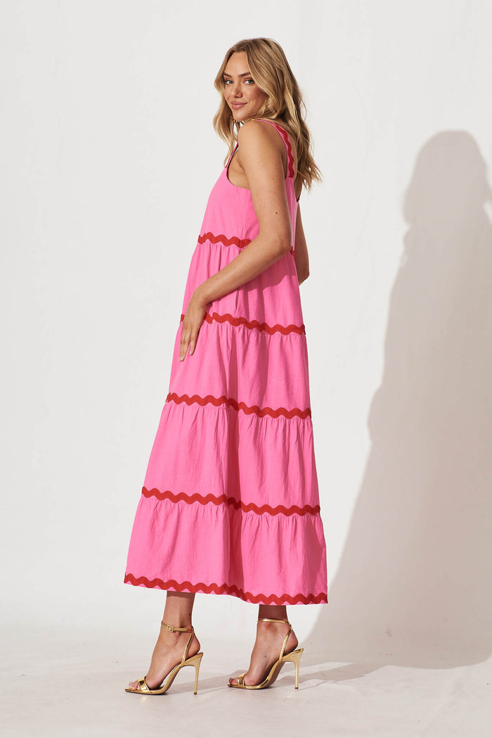 Chantal Maxi Dress In Pink With Red Ric Rac Trim Cotton - side