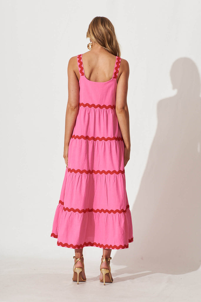 Chantal Maxi Dress In Pink With Red Ric Rac Trim Cotton - back
