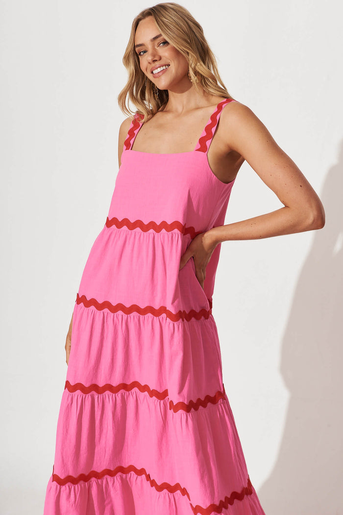 Chantal Maxi Dress In Pink With Red Ric Rac Trim Cotton - front