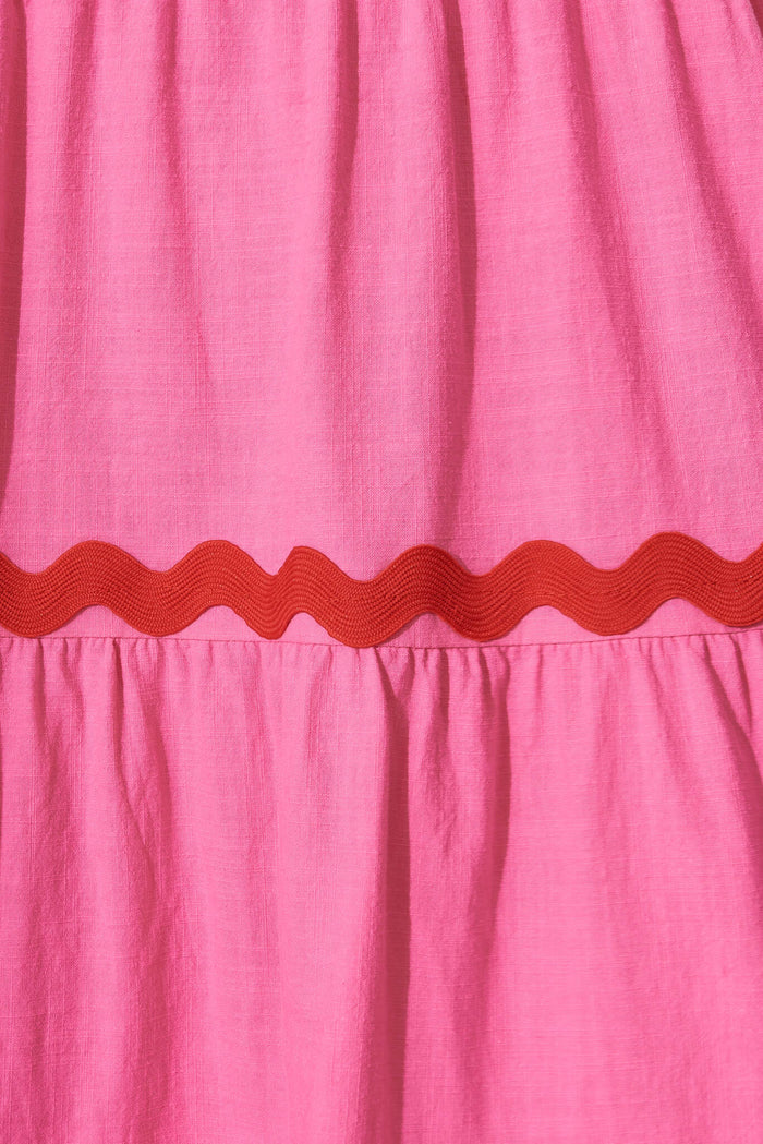 Chantal Maxi Dress In Pink With Red Ric Rac Trim Cotton - fabric