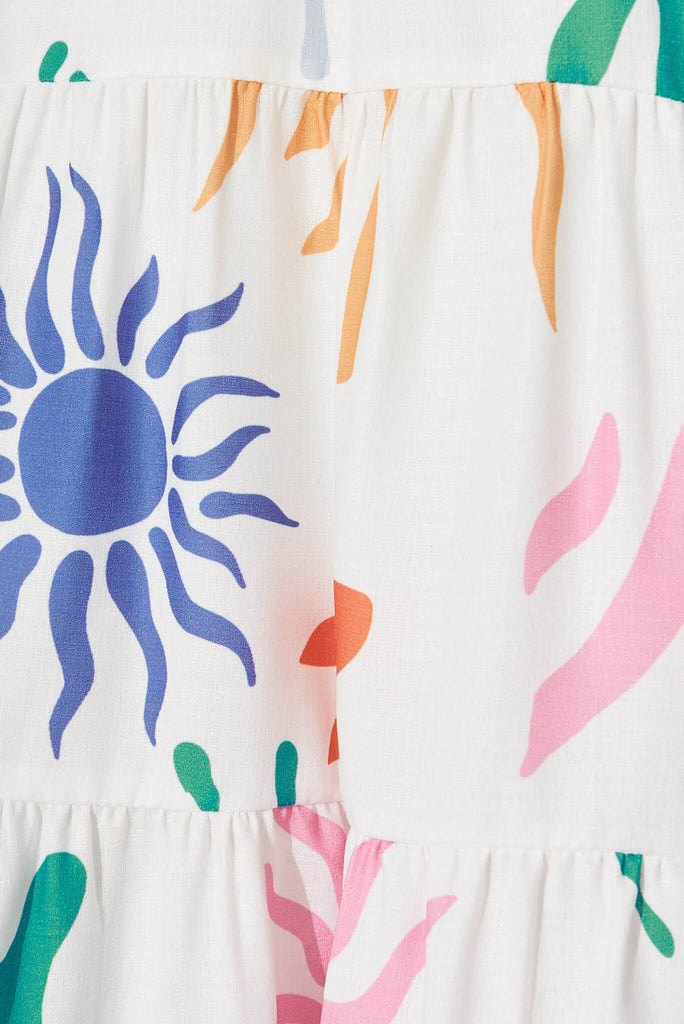 Mahalo Sundress In White Bright Sun Multi Print Linen Blend - fabric