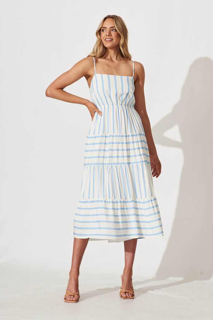 Joanna Midi Sundress In White And Blue Stripe Linen Blend - full length