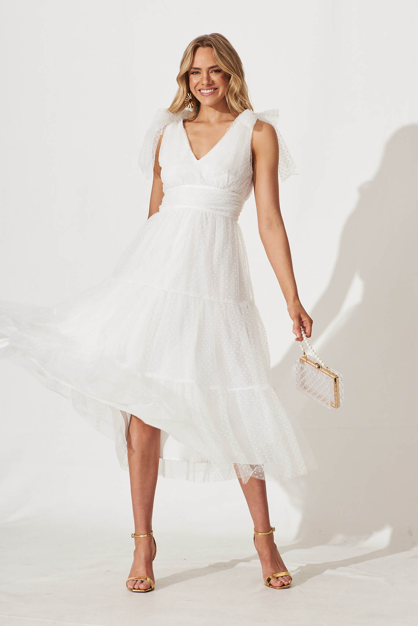 Aubrey Midi Dress In White Spot Tulle - full length