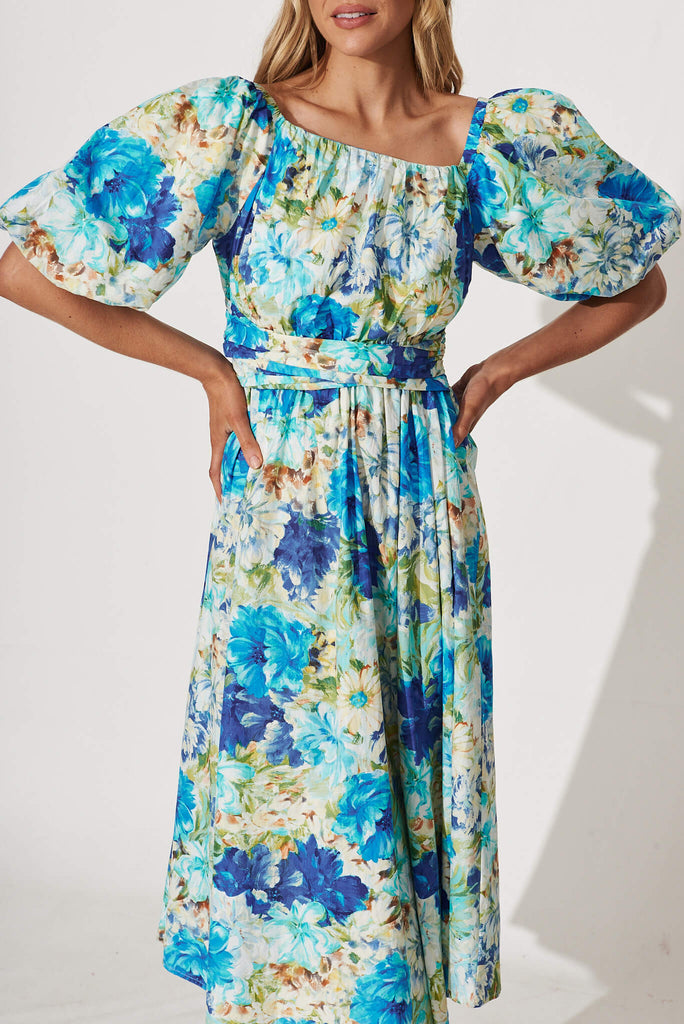 Jamilia Midi Dress In Blue Multi Floral Cotton - detail