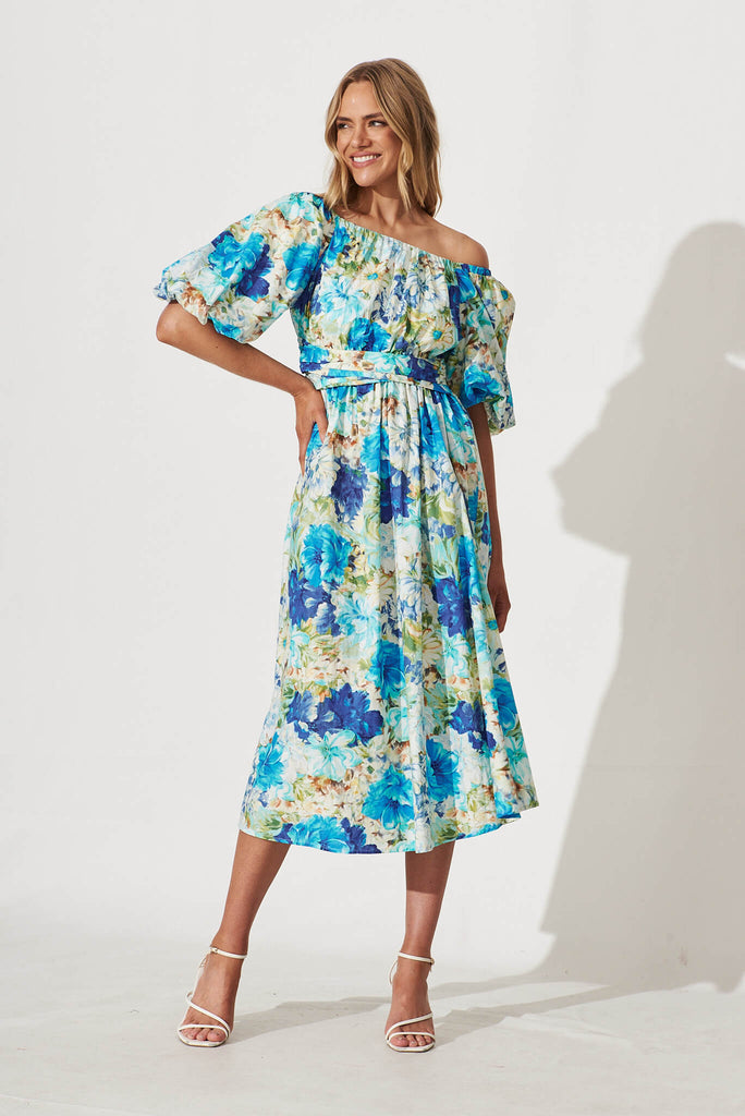 Jamilia Midi Dress In Blue Multi Floral Cotton - full length