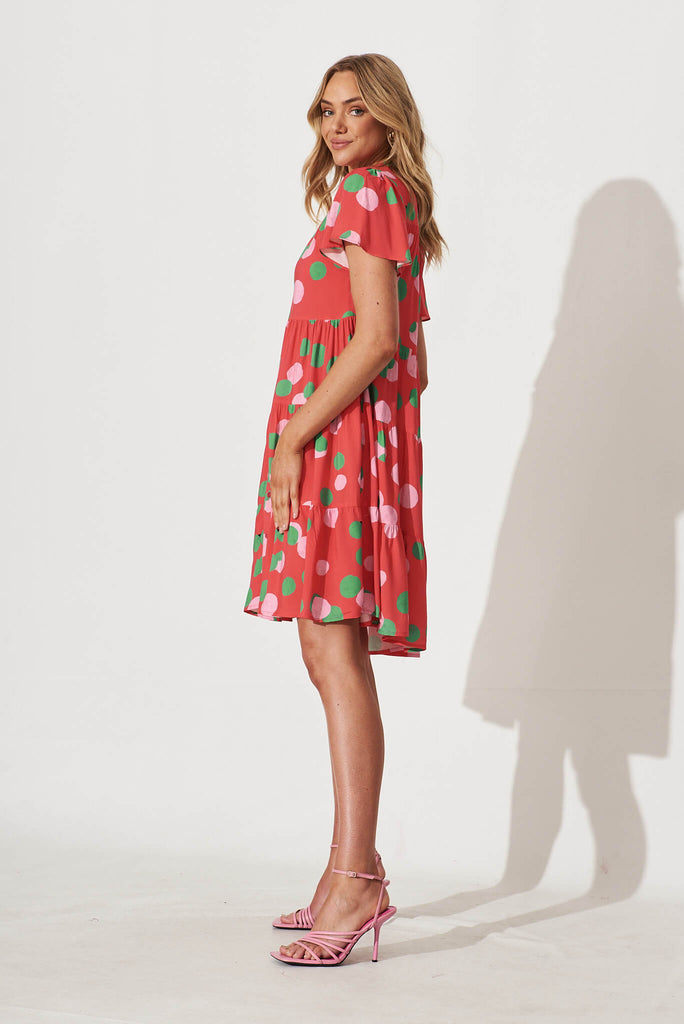 Saldana Smock Dress In Red With Green Spot Print - side