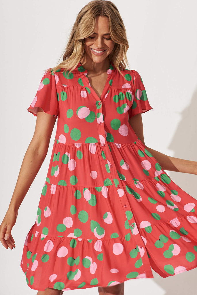 Saldana Smock Dress In Red With Green Spot Print - front