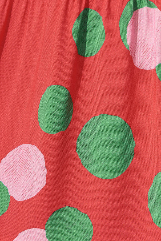 Saldana Smock Dress In Red With Green Spot Print - fabric
