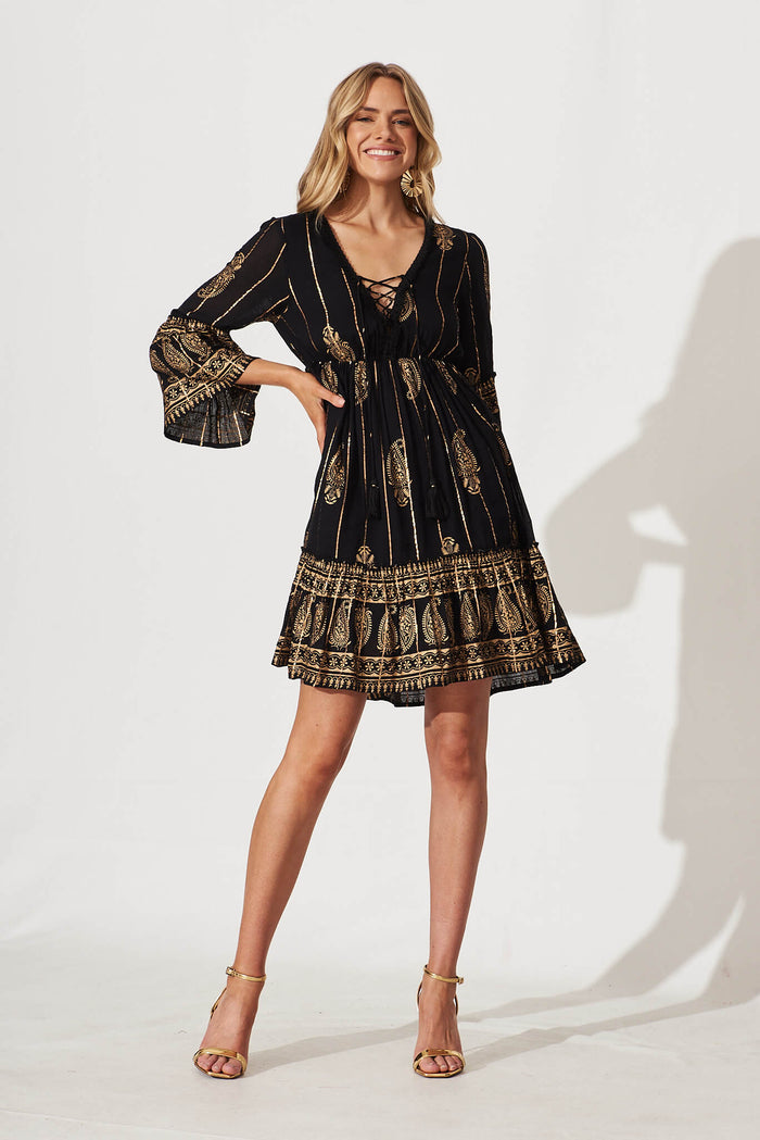 Elliott Dress In Black With Gold Print - full length