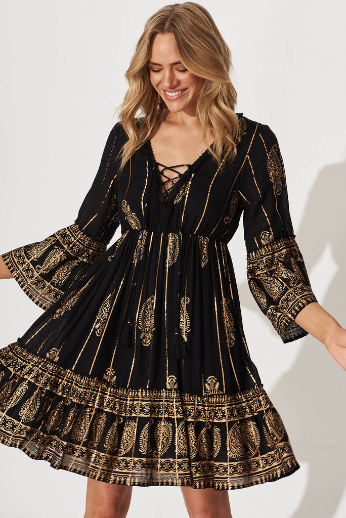Elliott Dress In Black With Gold Print - front