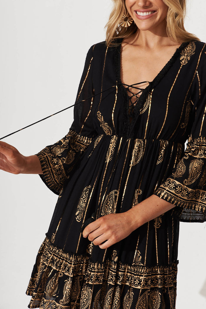 Elliott Dress In Black With Gold Print - detail