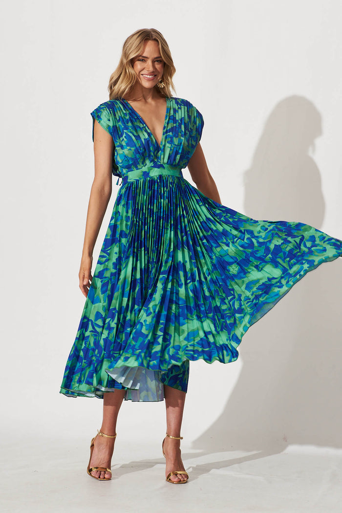 Anetta Midi Dress In Green And Blue Watercolour Satin - full length