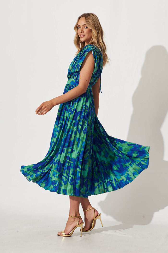 Anetta Midi Dress In Green And Blue Watercolour Satin - side