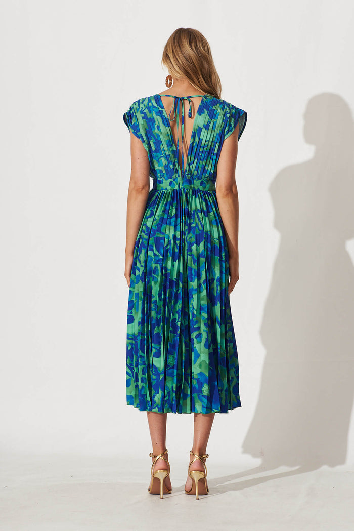 Anetta Midi Dress In Green And Blue Watercolour Satin - back
