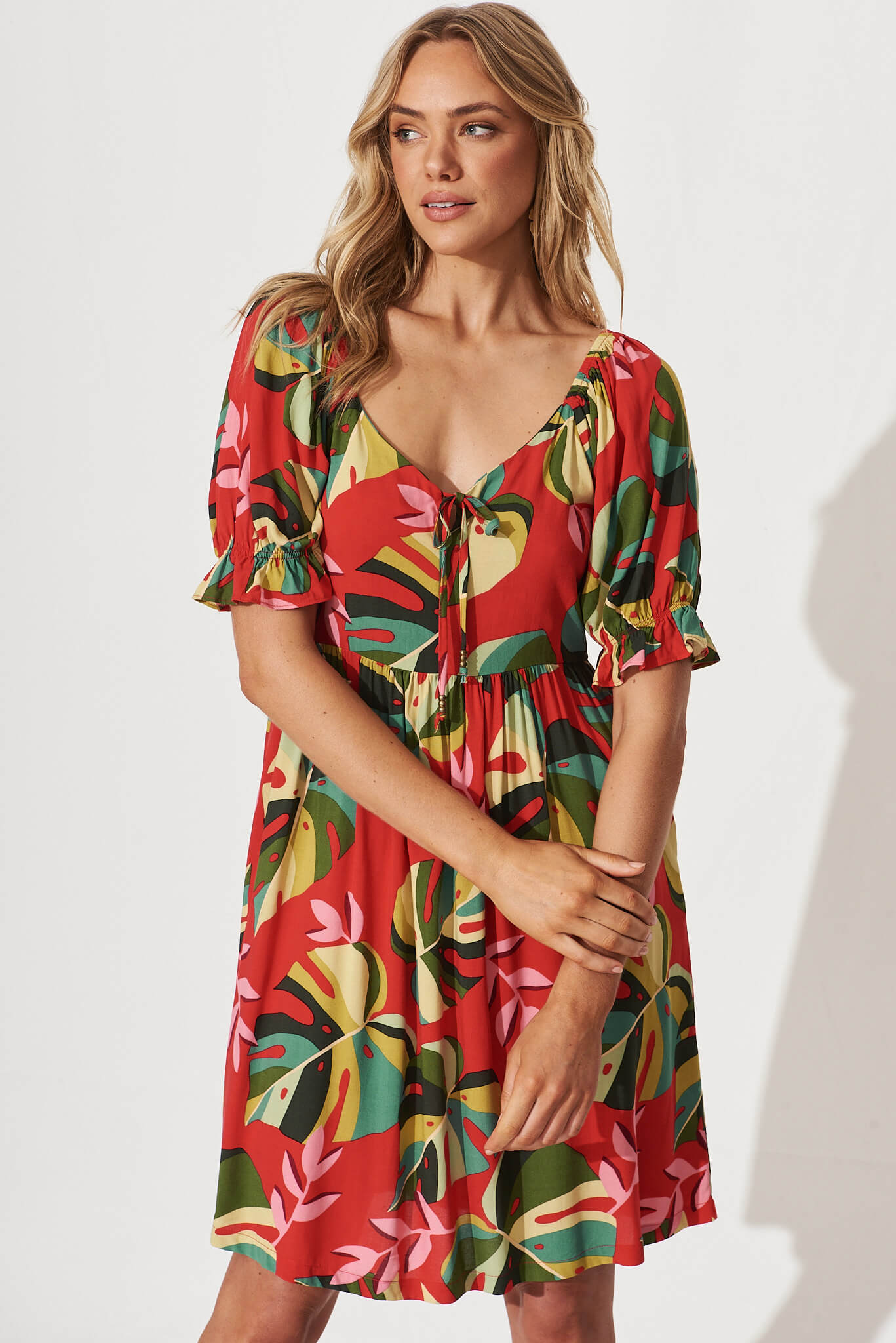 Bonita Dress In Red With Green Leaf Print – St Frock