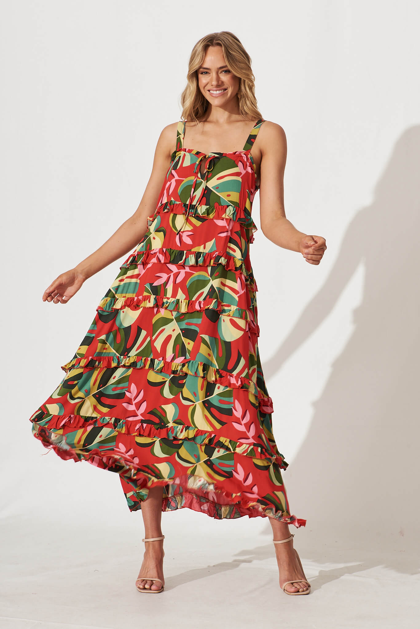 Bloomsbury Maxi Dress In Red With Green Leaf Print - full length