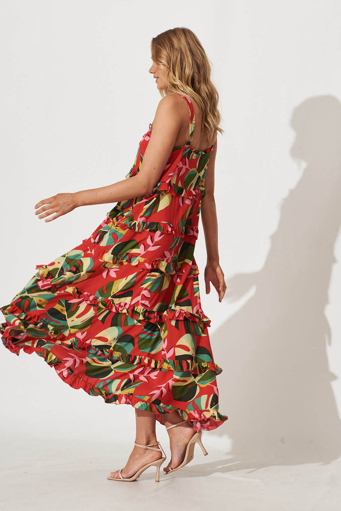 Bloomsbury Maxi Dress In Red With Green Leaf Print - side