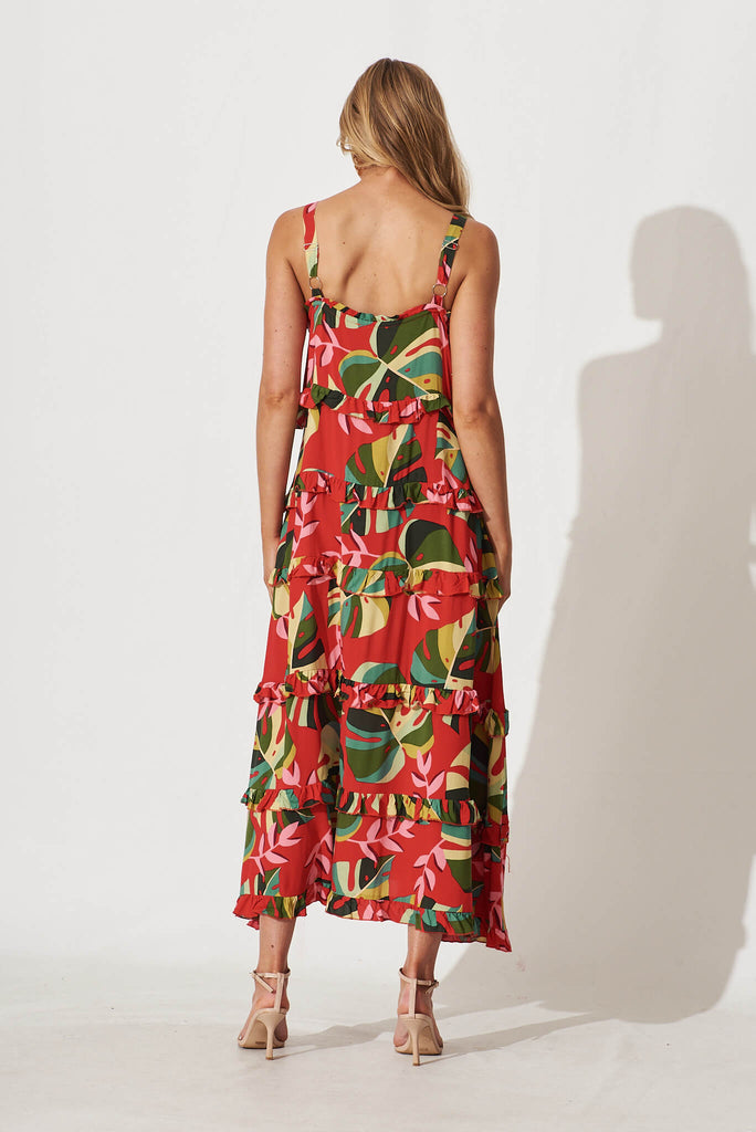 Bloomsbury Maxi Dress In Red With Green Leaf Print - back