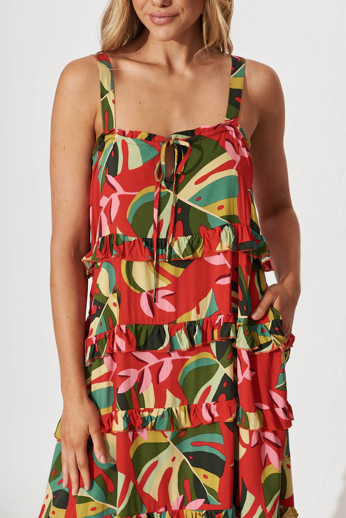 Bloomsbury Maxi Dress In Red With Green Leaf Print - detail