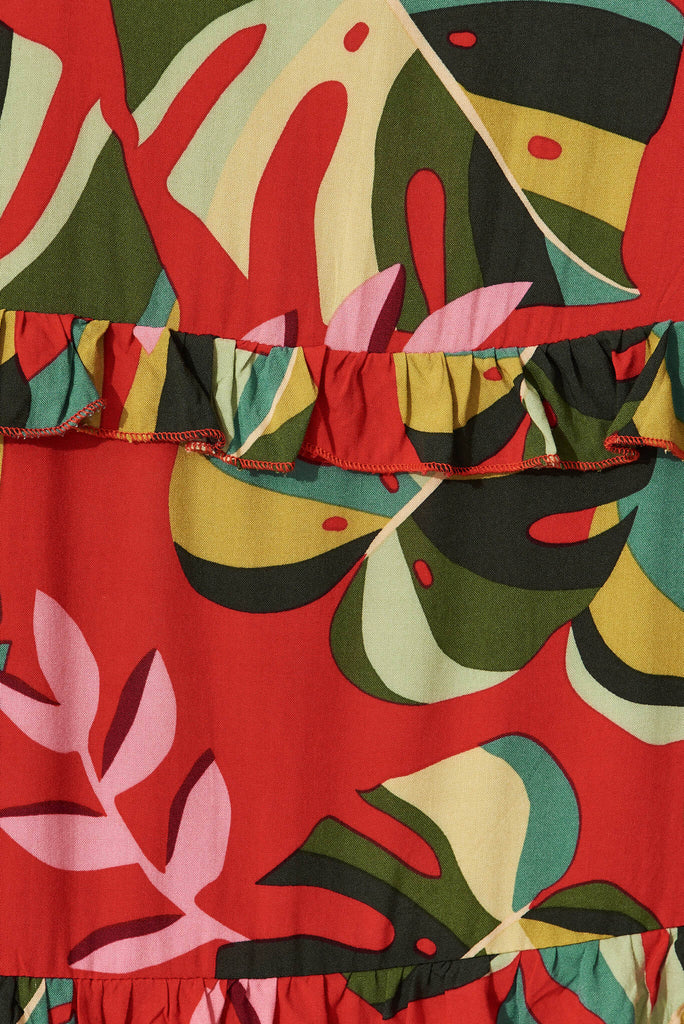 Bloomsbury Maxi Dress In Red With Green Leaf Print - fabric