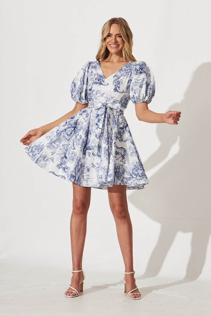 Stand By Me Midi Dress In White With Blue Print Cotton - full length