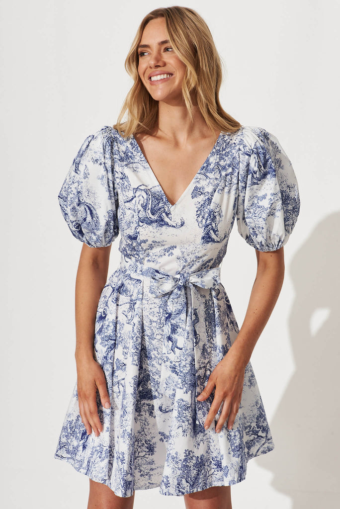 Stand By Me Midi Dress In White With Blue Print Cotton - front
