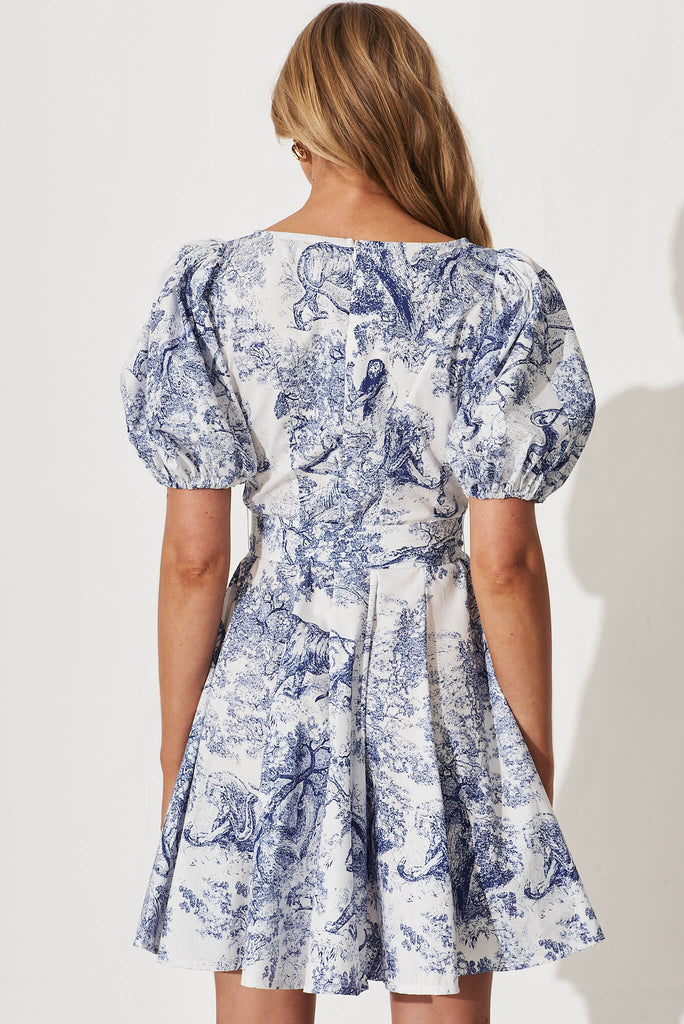 Stand By Me Midi Dress In White With Blue Print Cotton - back