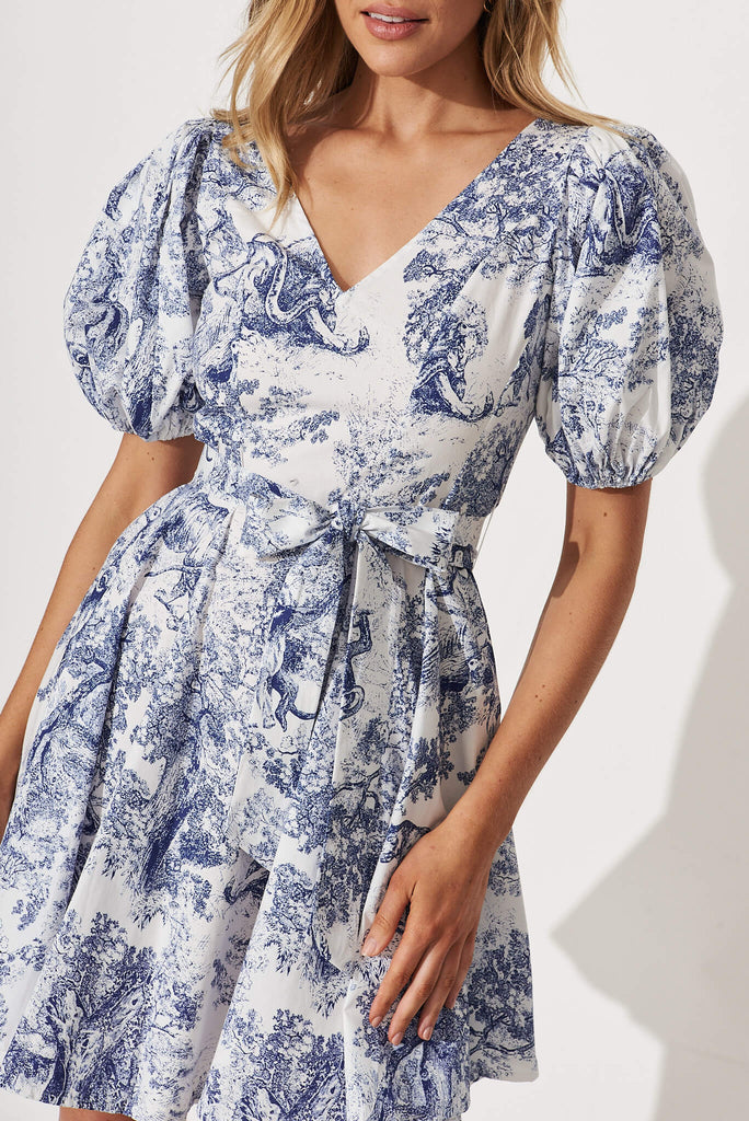 Stand By Me Midi Dress In White With Blue Print Cotton - detail