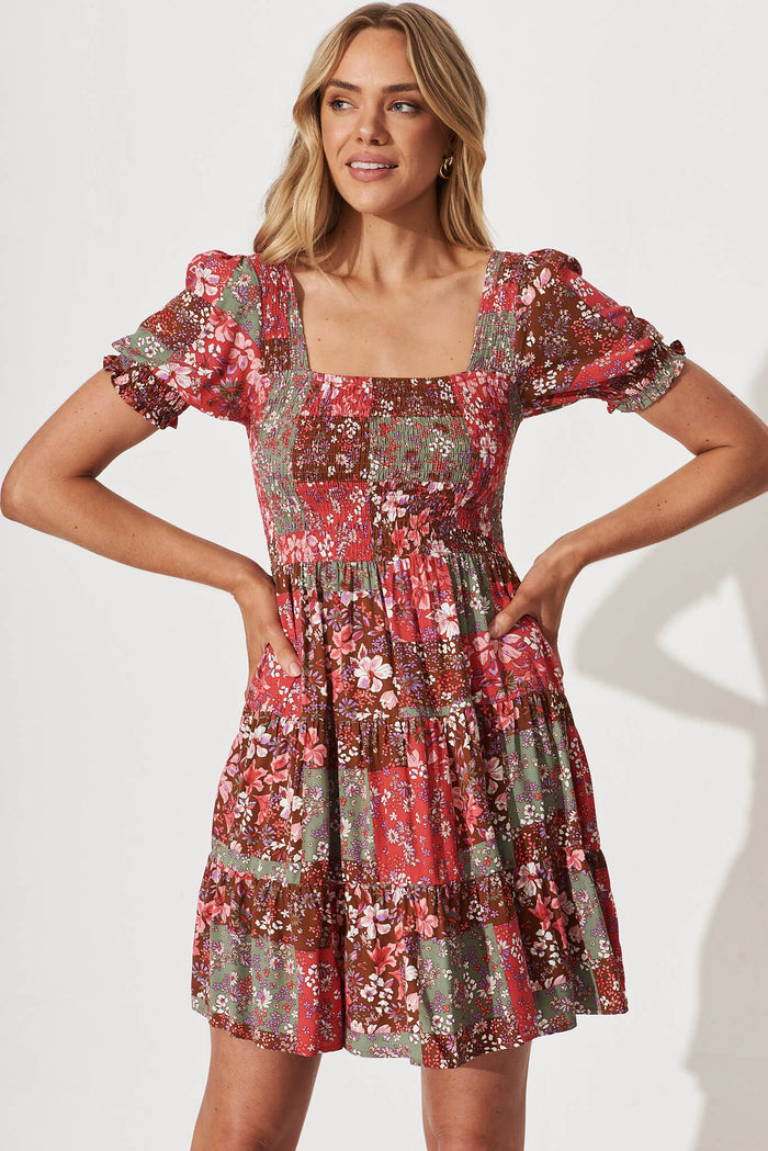 Sevilla Dress In Red Multi Patchwork Floral - front