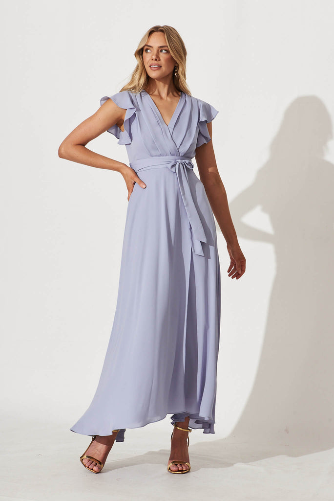 Wynter Chiffon Dress In Dusty Blue - full length