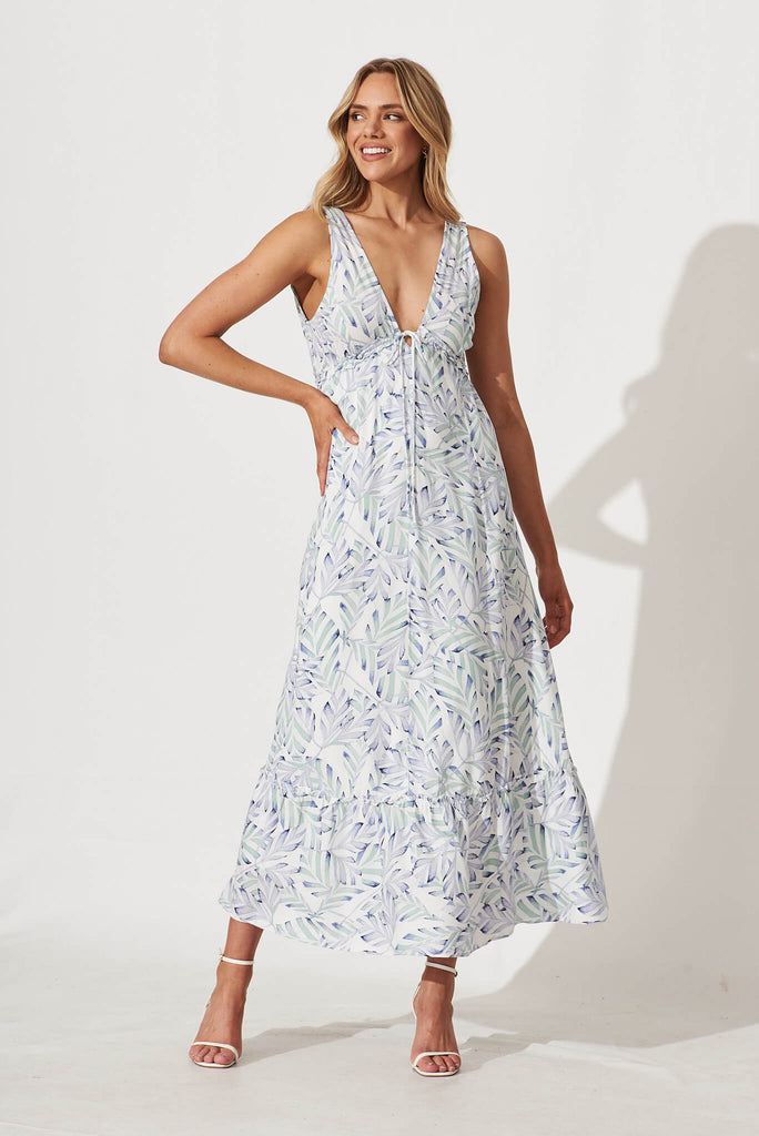 Knowles Maxi Dress In White With Blue Green Leaf Print - full length