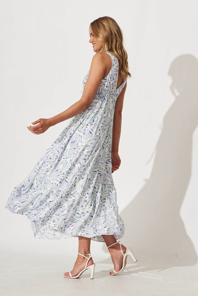 Knowles Maxi Dress In White With Blue Green Leaf Print - side