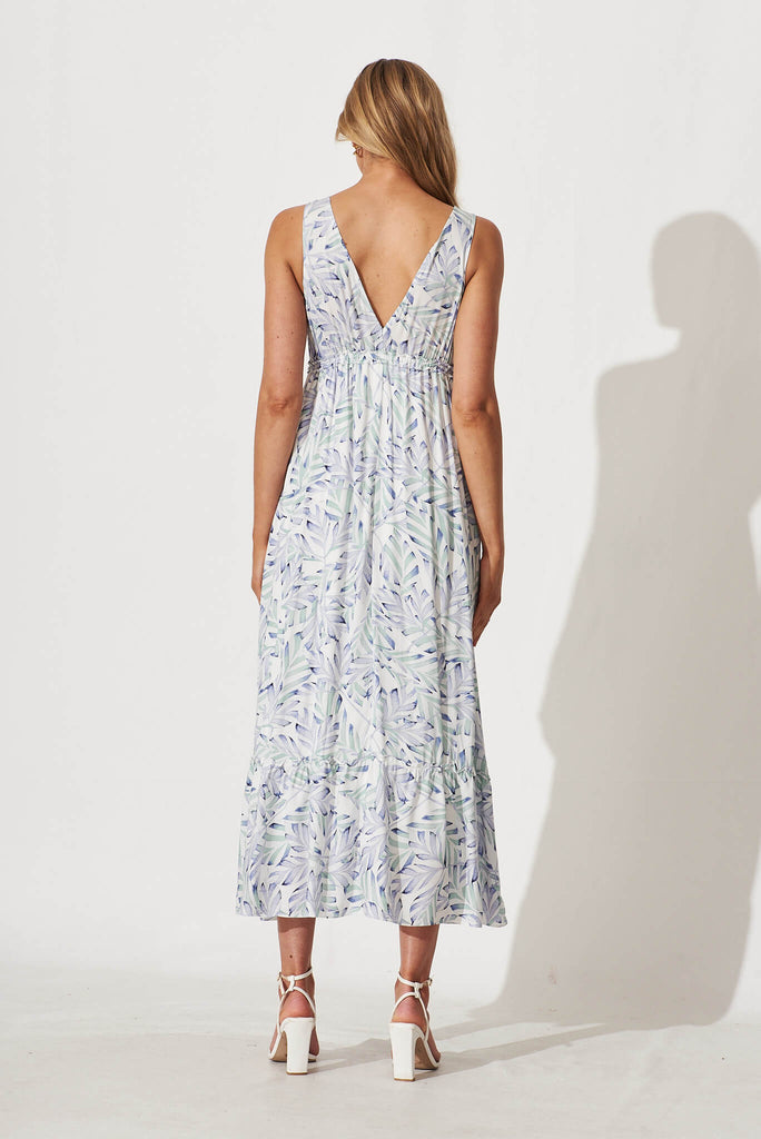 Knowles Maxi Dress In White With Blue Green Leaf Print - back