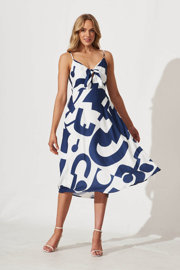 Cordelia Midi Sundress In White With Navy Swirl Linen Blend - full length