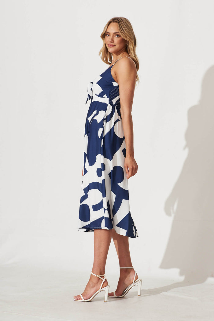 Cordelia Midi Sundress In White With Navy Swirl Linen Blend - side