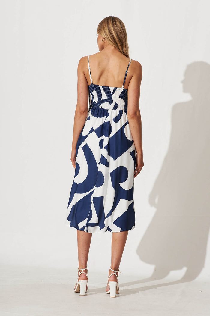 Cordelia Midi Sundress In White With Navy Swirl Linen Blend - back