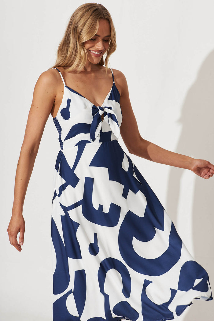 Cordelia Midi Sundress In White With Navy Swirl Linen Blend - front