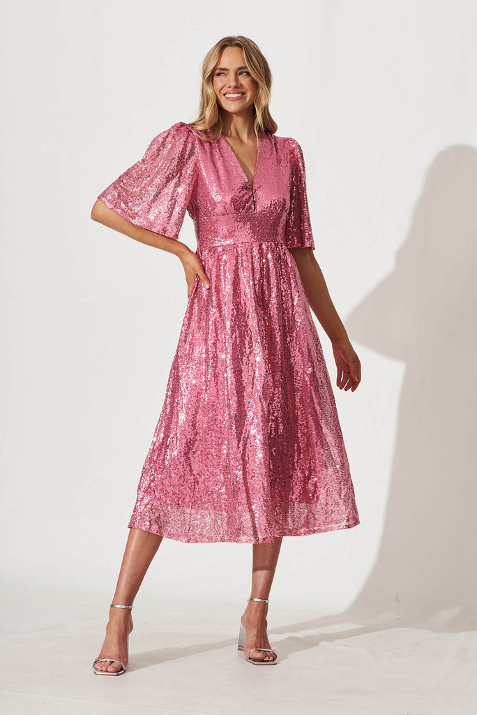 Livorno Midi Dress In Pink Sequin - full length