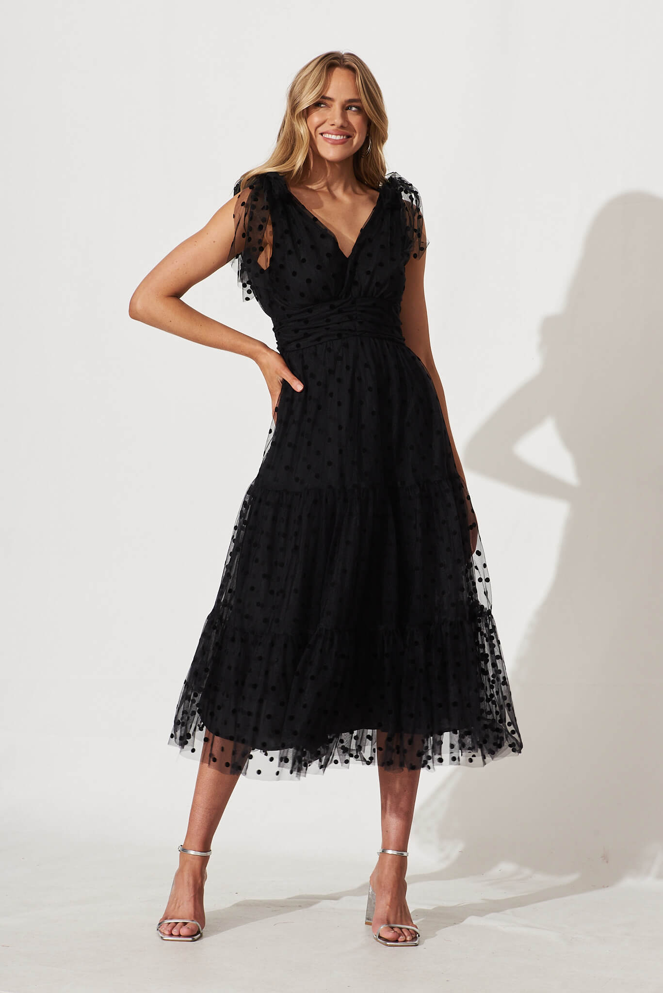 Aubrey Midi Dress In Black Spot Tulle - full length