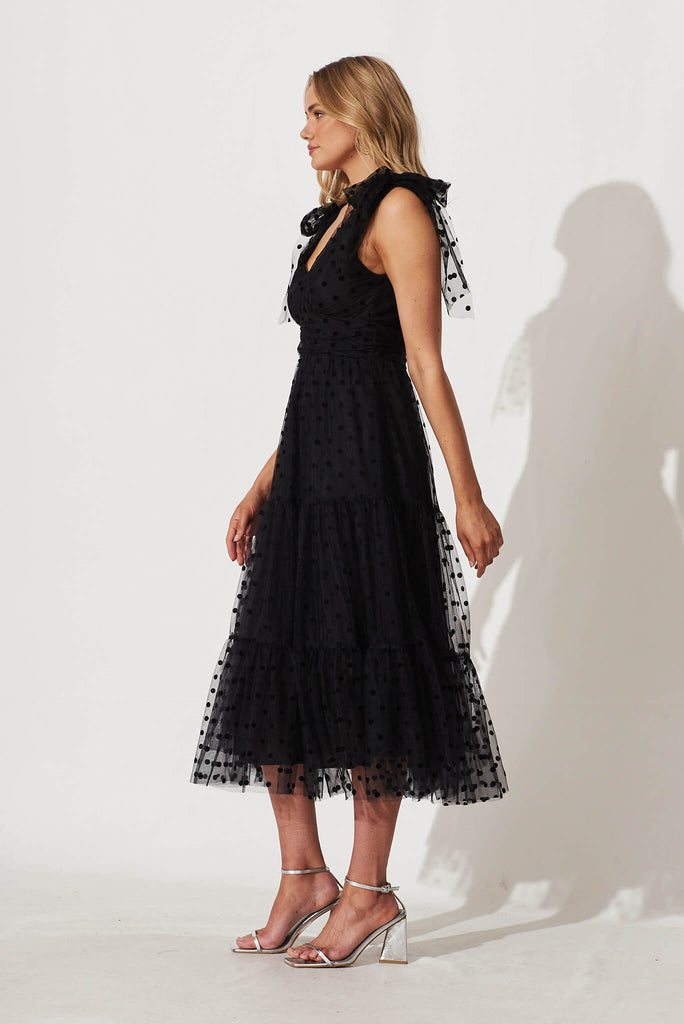 Aubrey Midi Dress In Black Spot Tulle - side