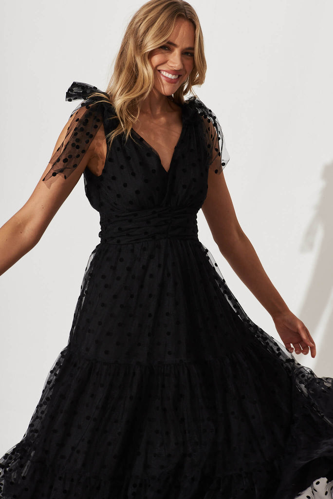 Aubrey Midi Dress In Black Spot Tulle - front